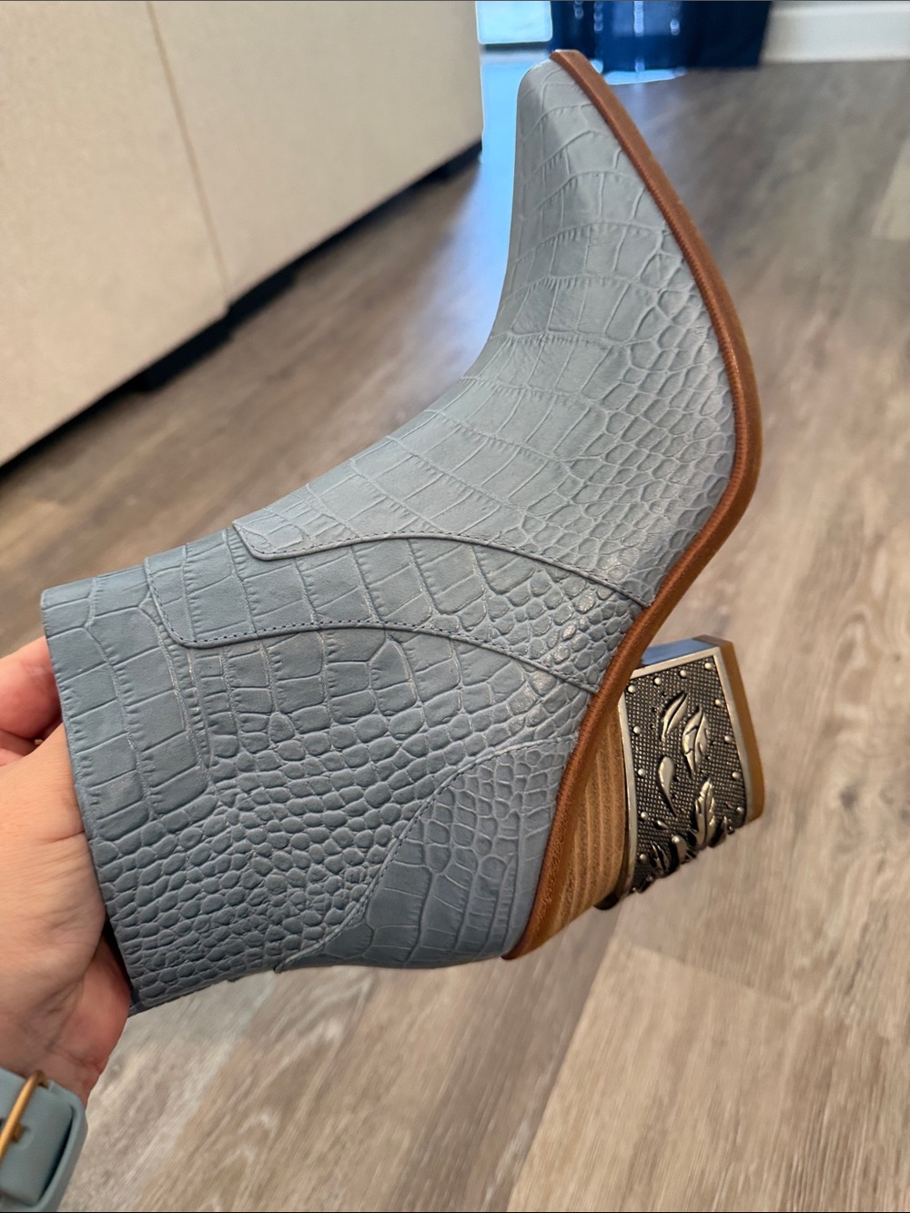 Gianni Bini Gray Croc-Embossed Ankle Booties with Decorative Block Heel - Picture 10 of 10